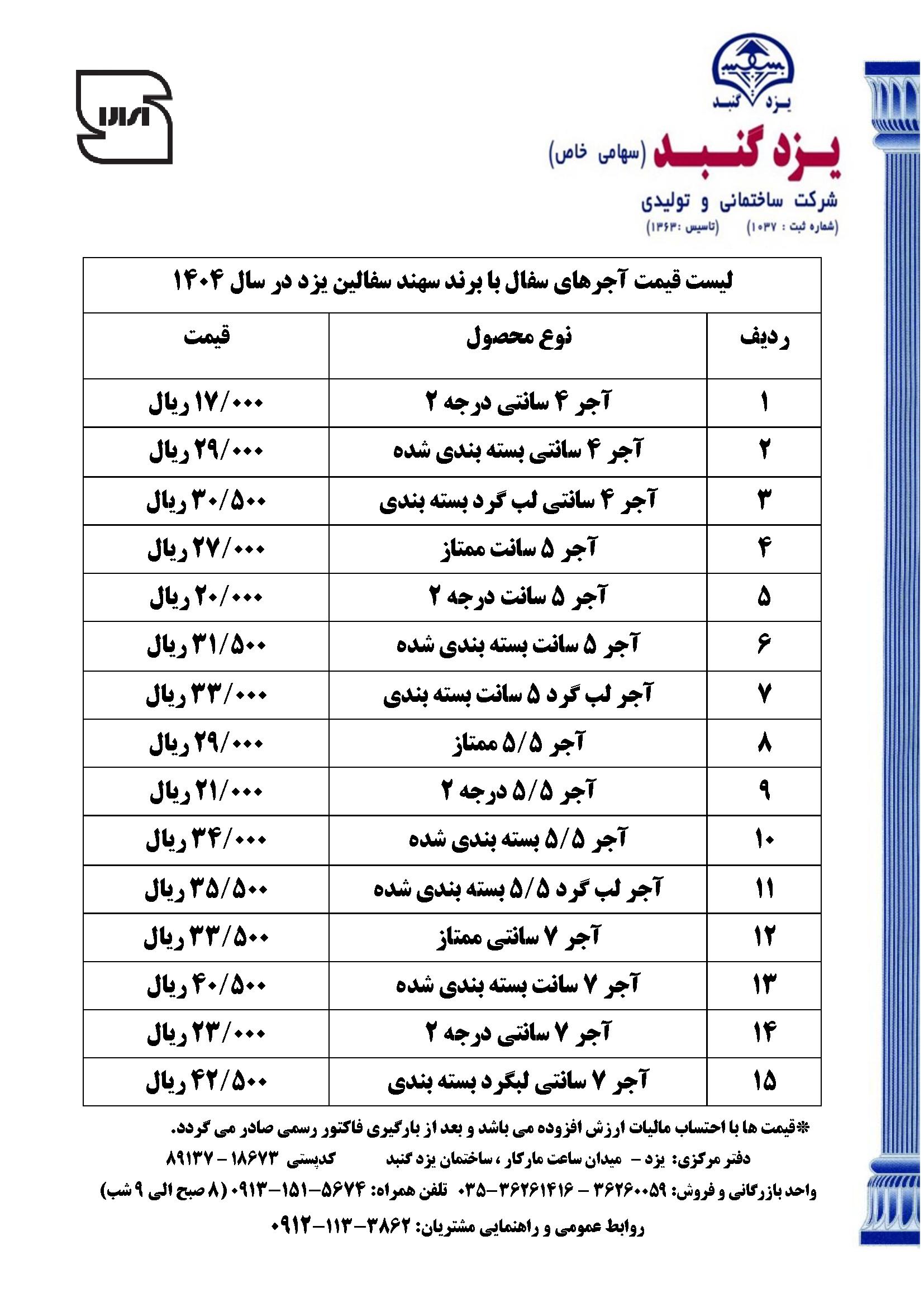 لیست قیمت محصولات سهند سفالین
