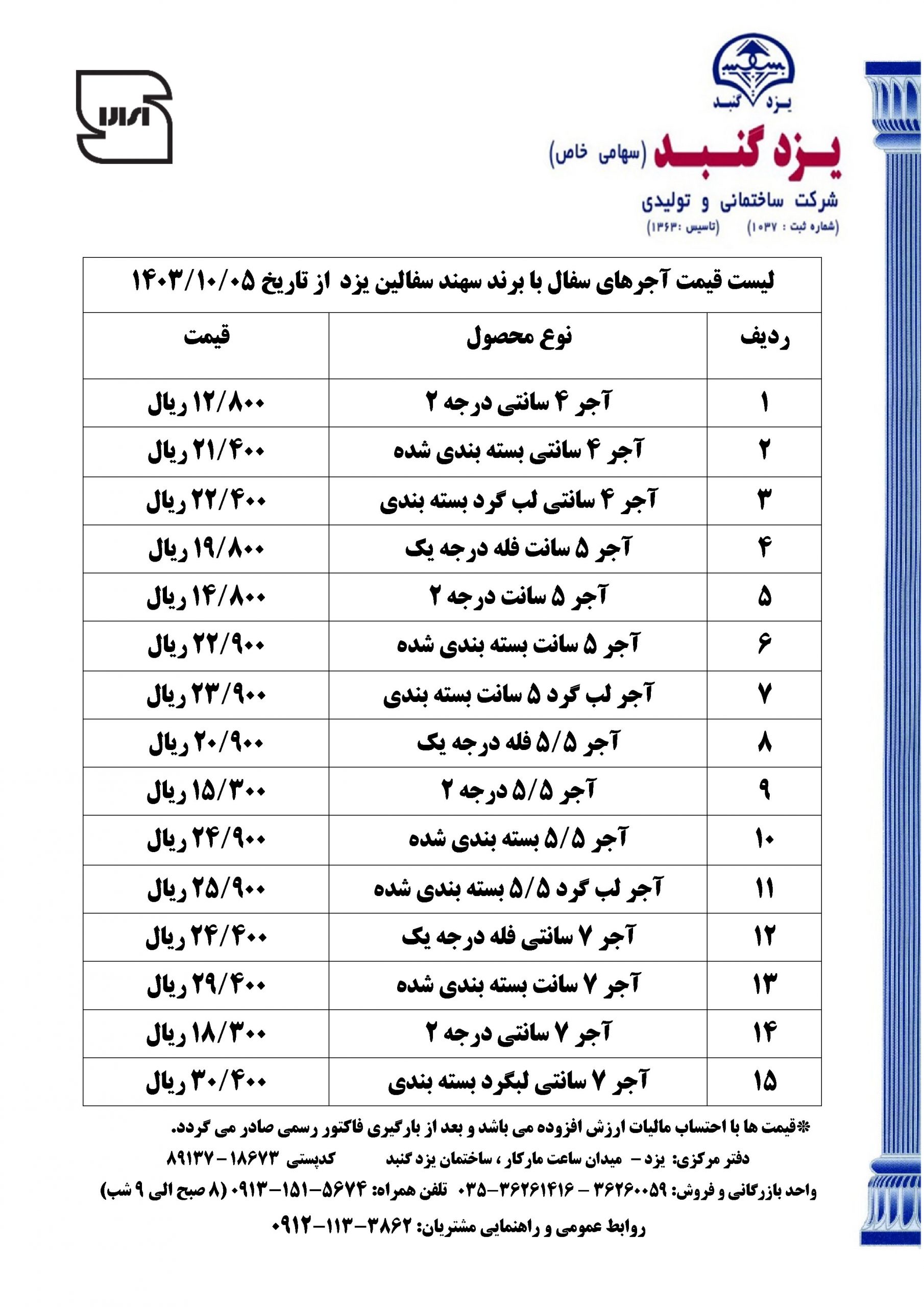 لیست قیمت محصولات سهند سفالین